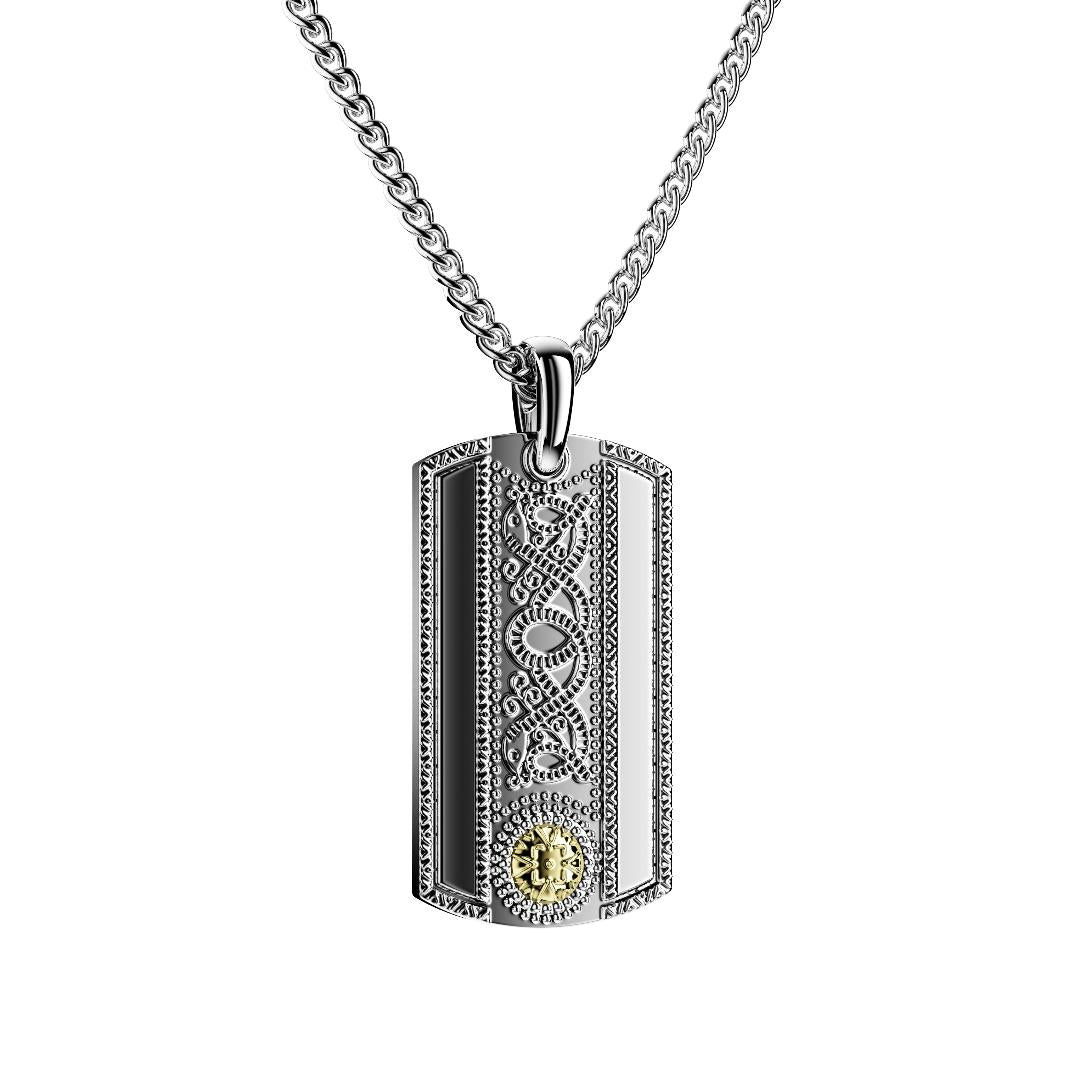 Silver pendant necklace with Celtic warrior intricate design on a white background