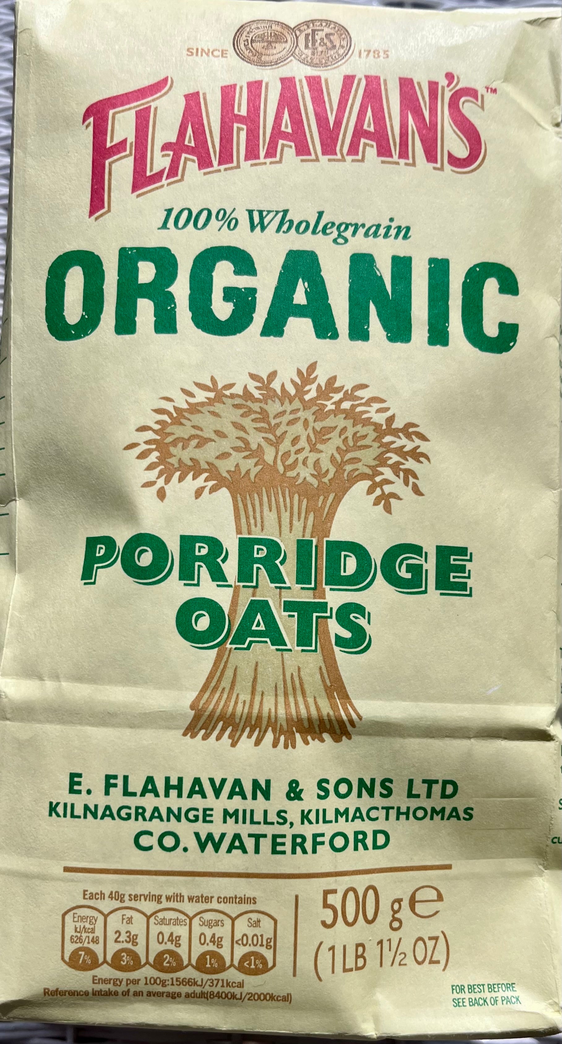 Bag of Flahavan's Organic Porridge Oats with branding and product details.