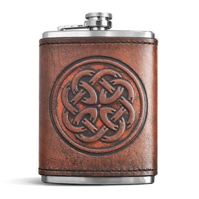 Brown leather flask with Celtic knot design on a white background