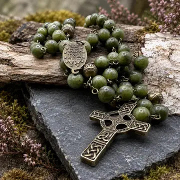 A green stone rosary with an engraved metal centerpiece and a Celtic-style cross, arranged on a dark stone slab with moss and small pink flowers.