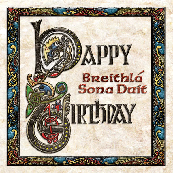 Decorative birthday card with Celtic-style text and designs on a beige background