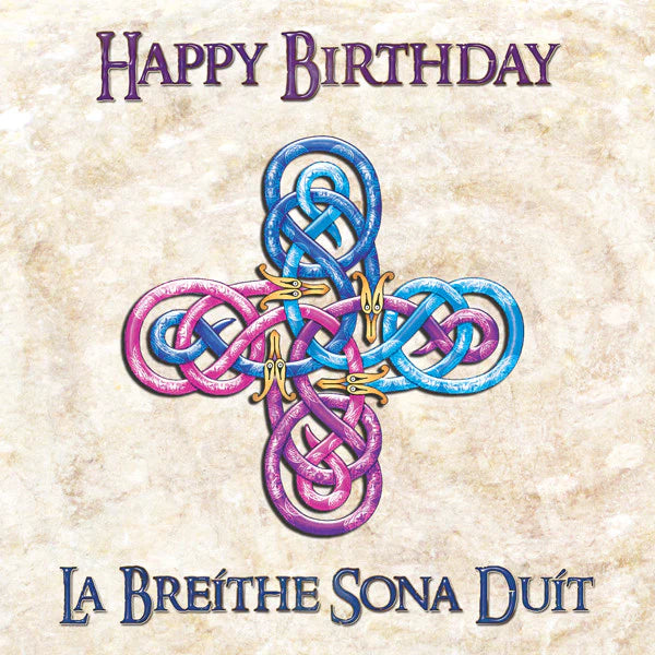 Celtic knot design with 'Happy Birthday' and 'La Breithe Sona Duí' text on a textured background
