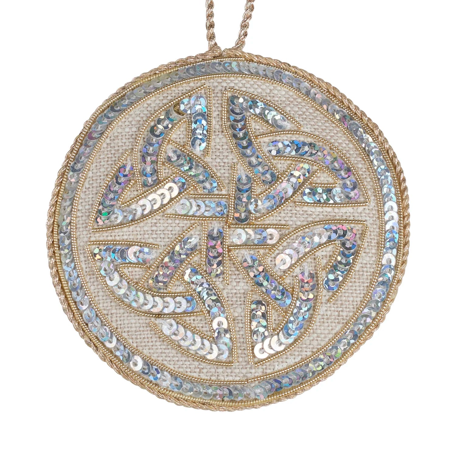 Round beaded linen ornament with intricate design on a white background