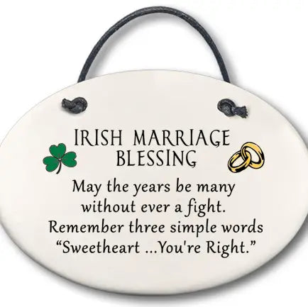 Decorative plaque with Irish marriage blessing text and decorative elements on a white background