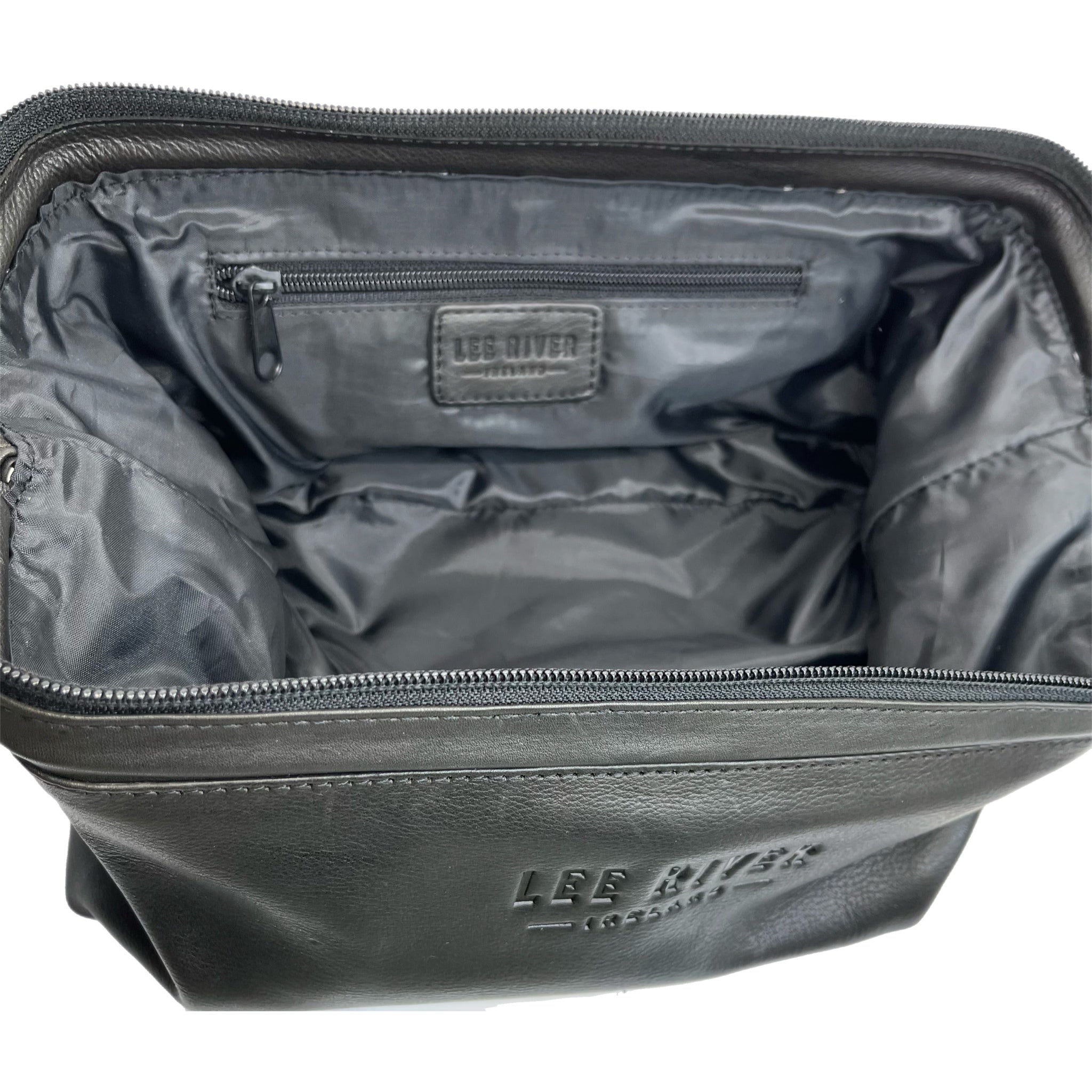 Black leather bag with 'Lee River' branding on a white background