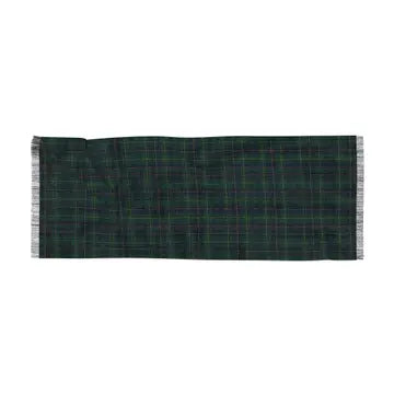 A dark green tartan plaid scarf with white fringe on the ends, displayed flat against a plain white background.