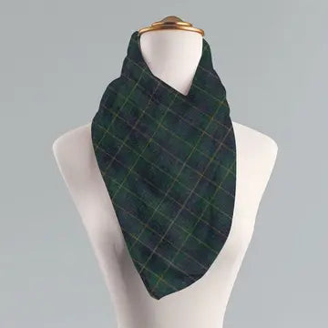 A dark green tartan neck scarf with a yellow and purple plaid pattern, displayed on a white mannequin torso against a light gray background.