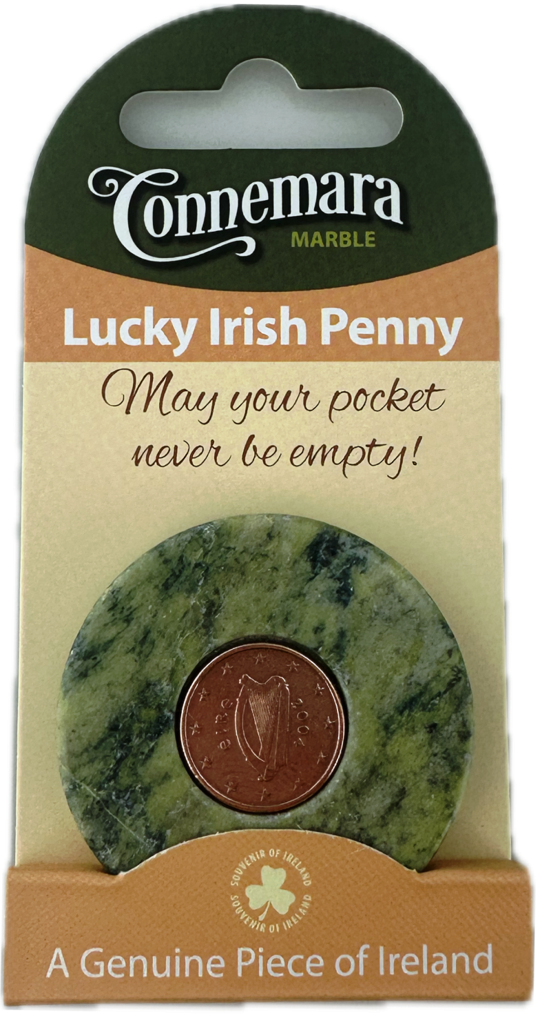 Connemara Marble Lucky Irish Penny with packaging on a white background