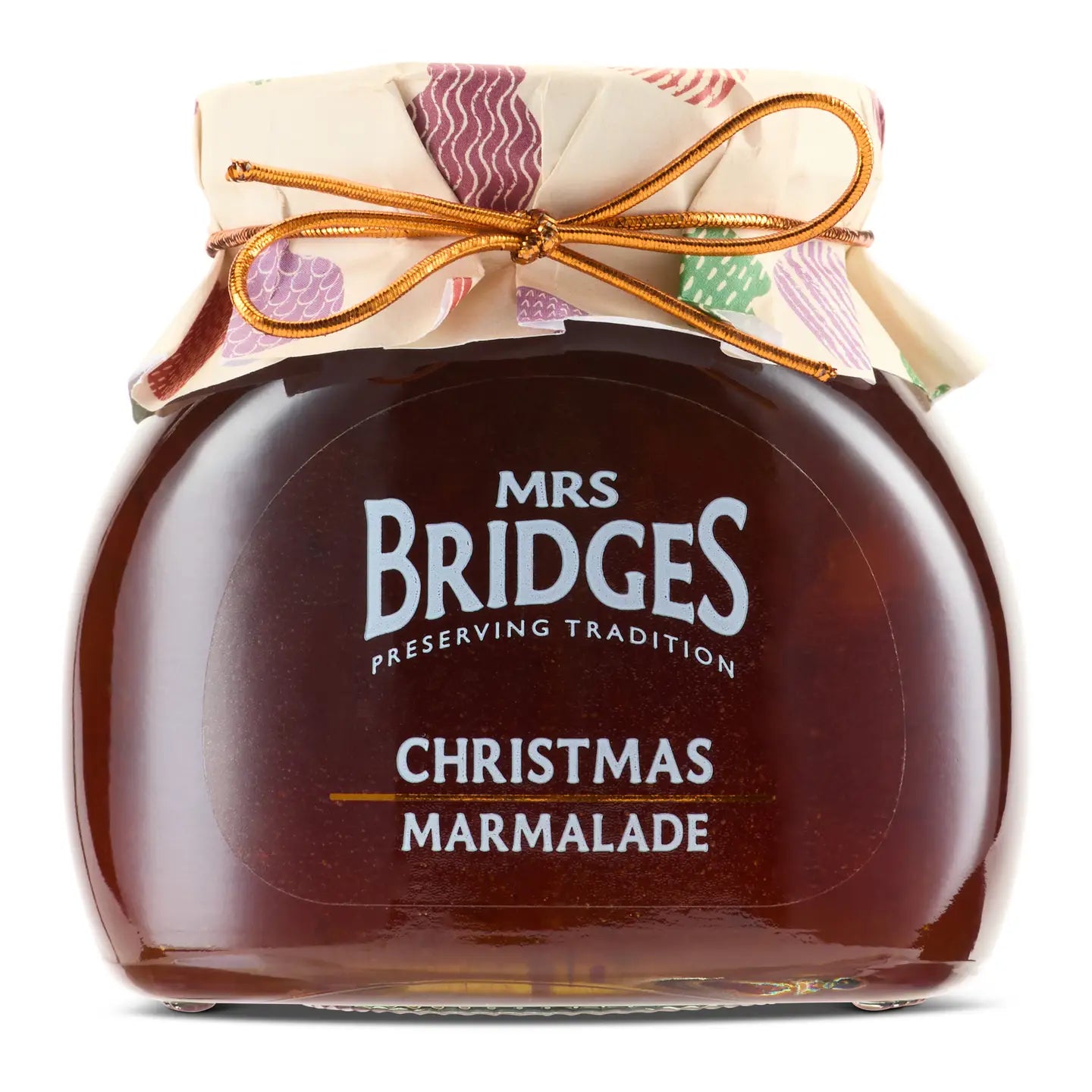 Jar of Mrs. Bridges Christmas Marmalade with decorative paper and bow on a white background