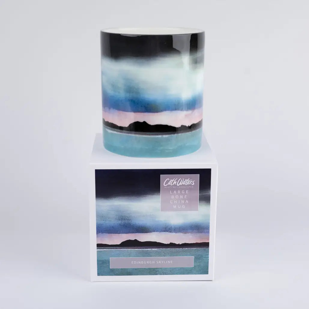 Mug and box with art by cath waters of Edinburgh skyline