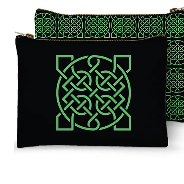 Black pouch with green Celtic knot design on a white background