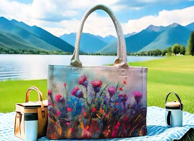 Tote bag with floral design on a picnic blanket by a lake with mountains in the background