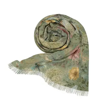 A folded scarf with fringed edges, featuring a vintage-style floral and insect pattern in muted green, beige, pink, and yellow tones on a white background.