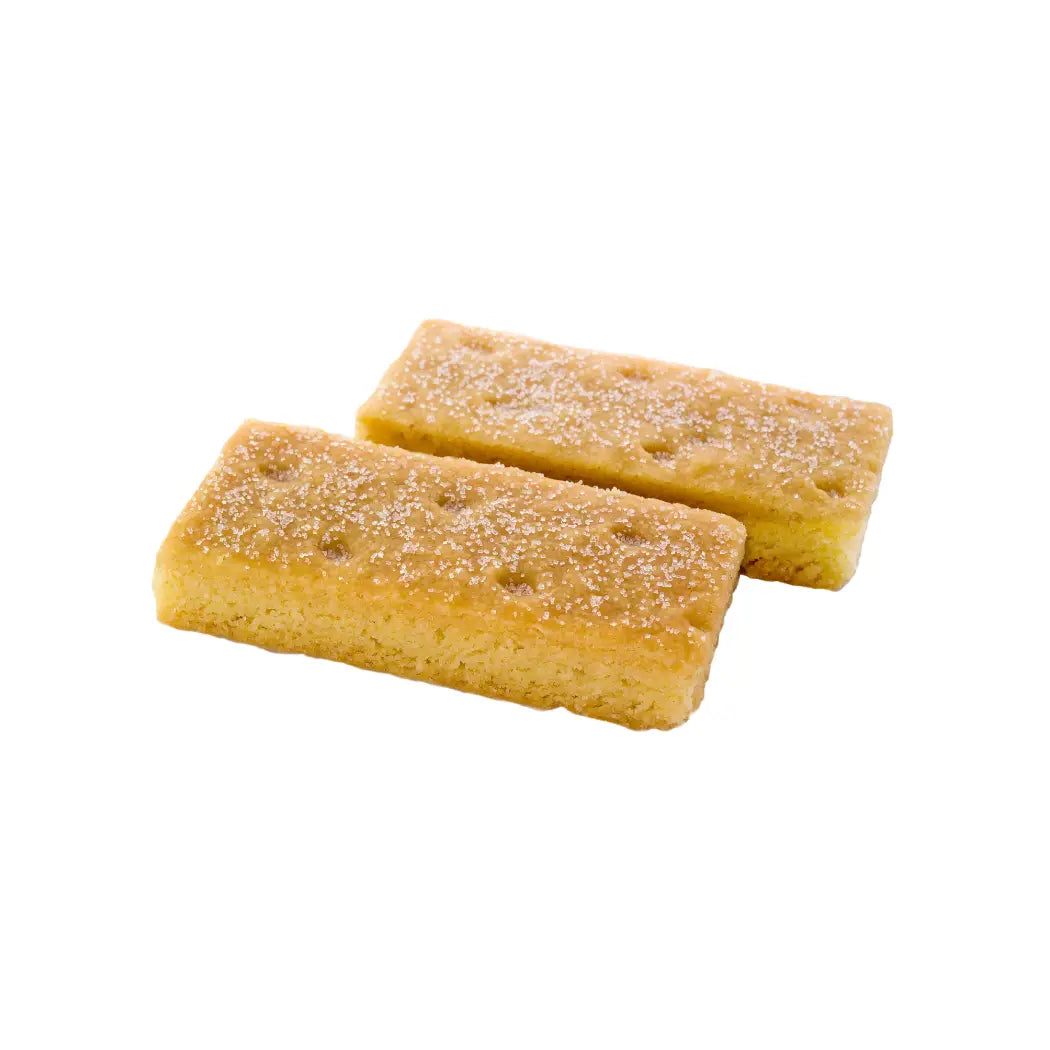 Two rectangular Scottish shortbread finger cookies with sugar on a white background