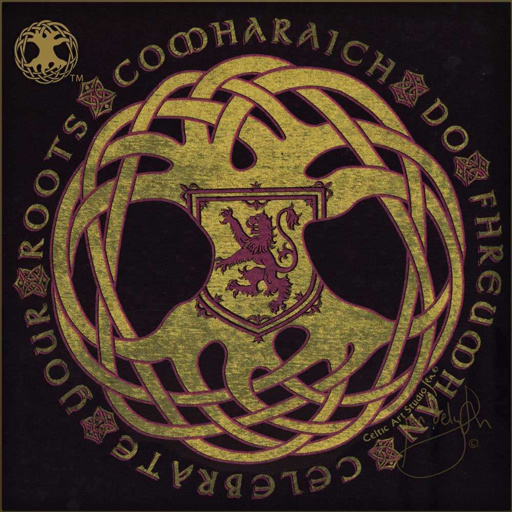 Scottish Tree of Life Celtic knotwork and a crest featuring a lion on a black background.