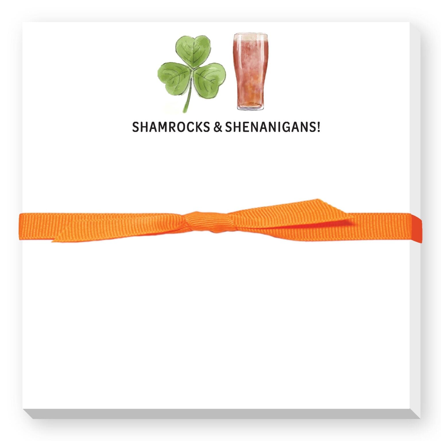 Orange ribbon with shamrock and beer glass graphics and text on a white background