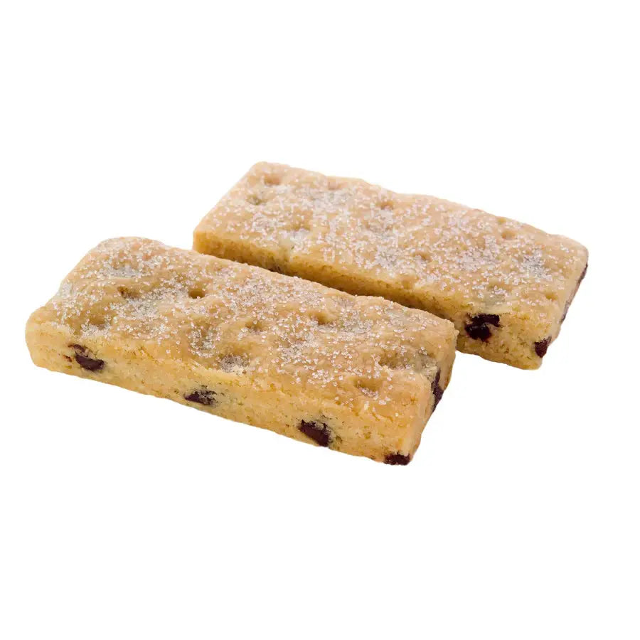 Two rectangular cookies with chocolate chips on a white background