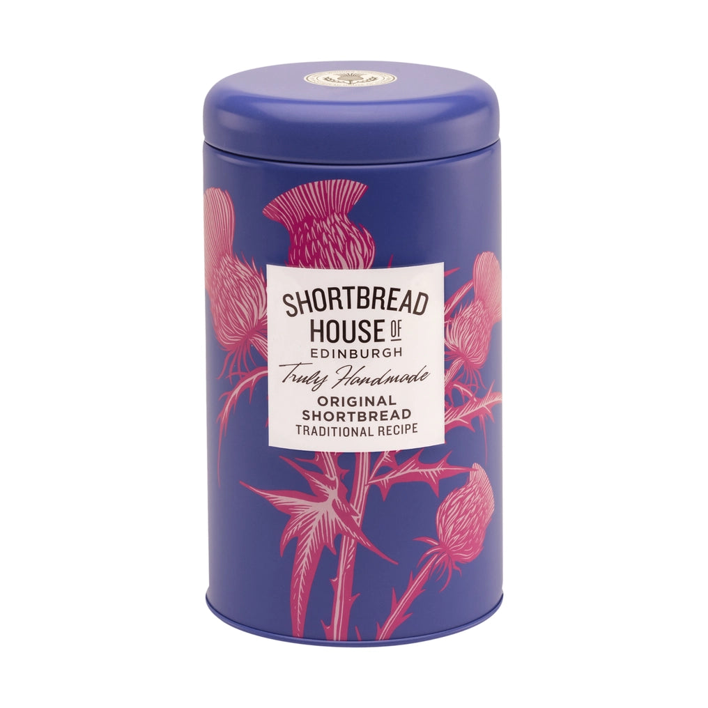 Blue tin with pink thistle design and 'Shortbread House of Edinburgh' label on a white background