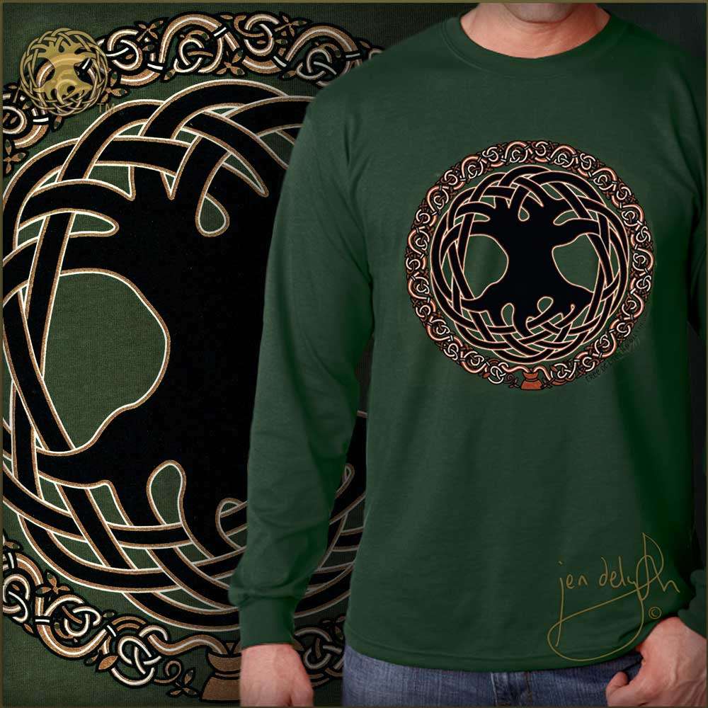 Green long-sleeve shirt with a black and gold design of the tree of life and interwoven patterns, worn by a person.