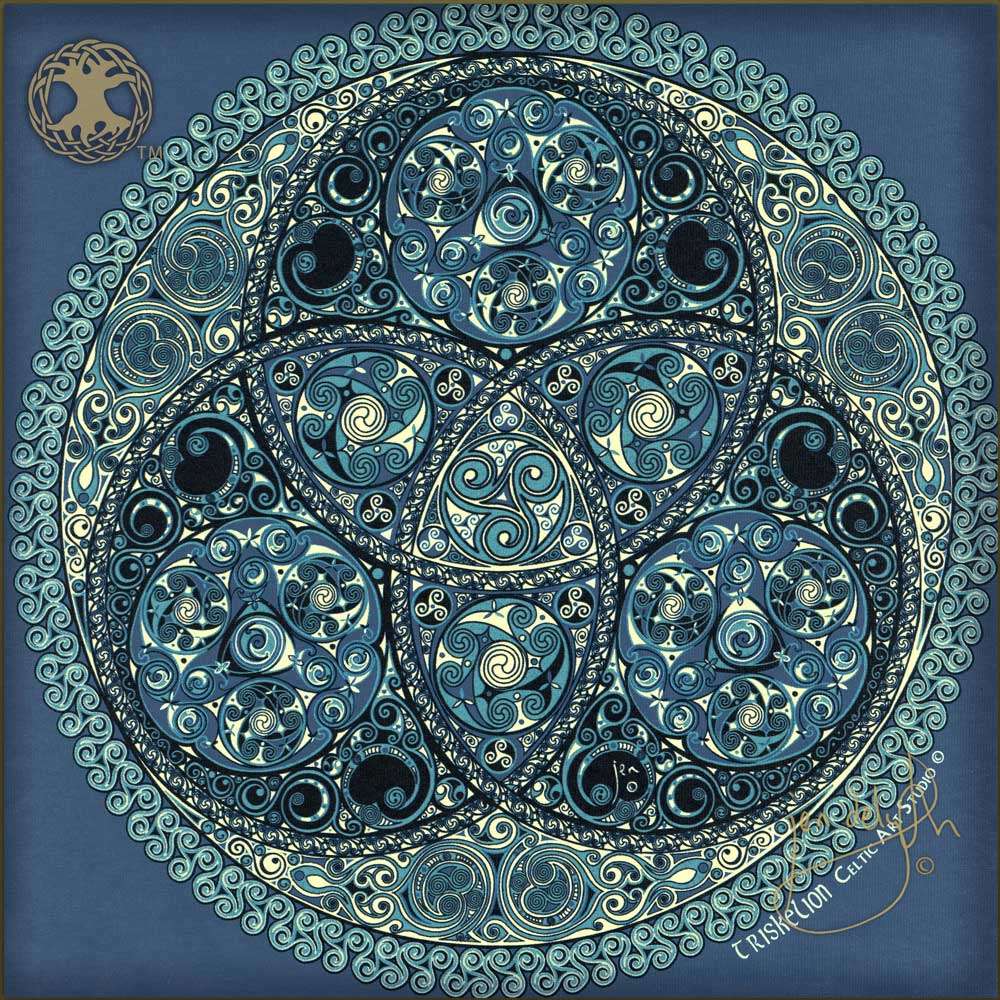 Decorative circular design tee shirt with intricate patterns on a blue background