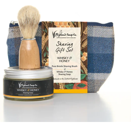 Shaving gift set with brush, soap, and packaging from Highland Soap Co.