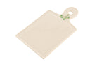 Beige ceramic cutting board with a handle featuring green leaves on a white background