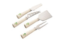 Set of four cheese tools with decorative handles on a white background