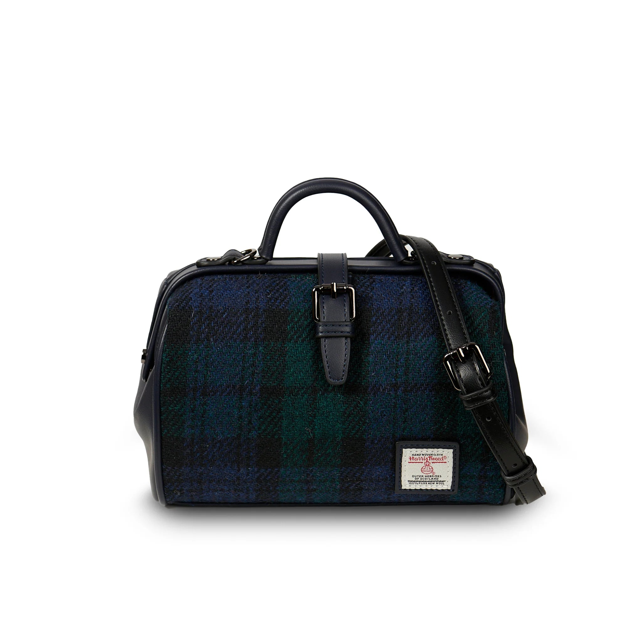 Black watch Plaid duffel bag with a strap on a white background