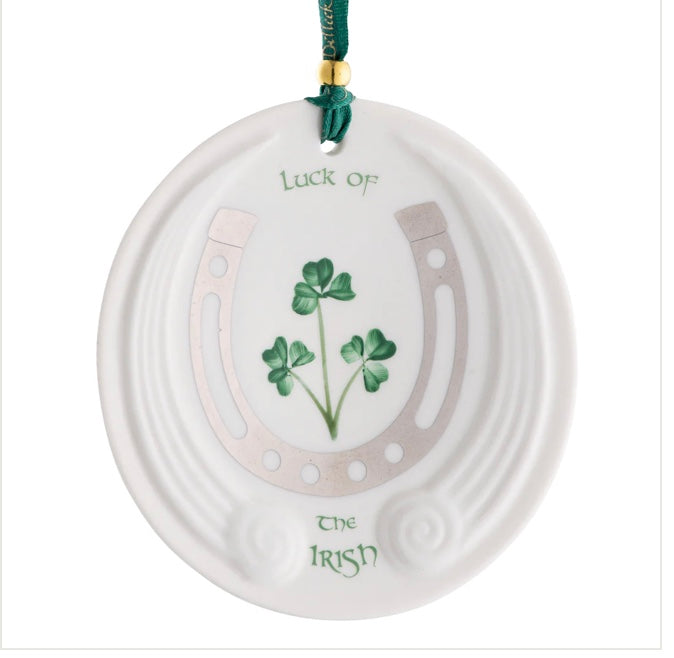 Decorative ornament with a horseshoe and shamrock design, featuring the text 'Luck of the Irish'.