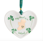 Heart-shaped ornament with shamrocks and 'My Heart is in Ireland' text on a white background