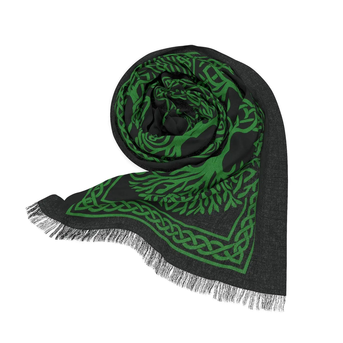 A black and green patterned scarf with fringed edges, styled in a spiral on a plain white background.