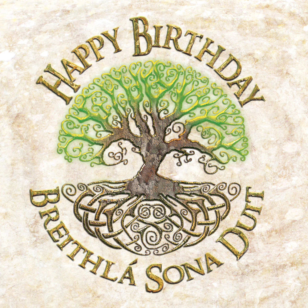 Tree design with 'Happy Birthday' and 'Breithla Sona Duit' text on a textured background