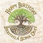 Tree design with 'Happy Birthday' and 'Breithla Sona Duit' text on a textured background