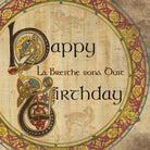 Decorative birthday card with Celtic-style text and designs on a textured background