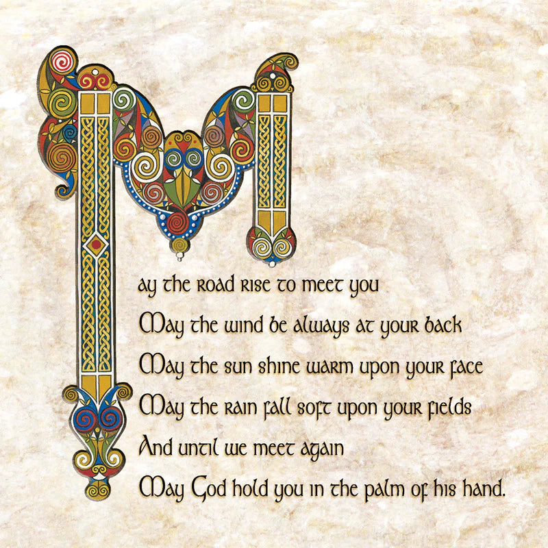 Decorative letter 'M' with a poem on a textured beige background