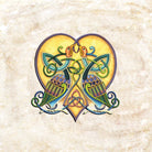Colorful heart-shaped Celtic knot design on a textured beige background