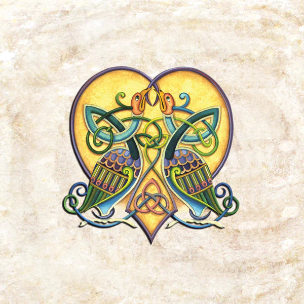 Colorful heart-shaped Celtic knot design on a textured beige background