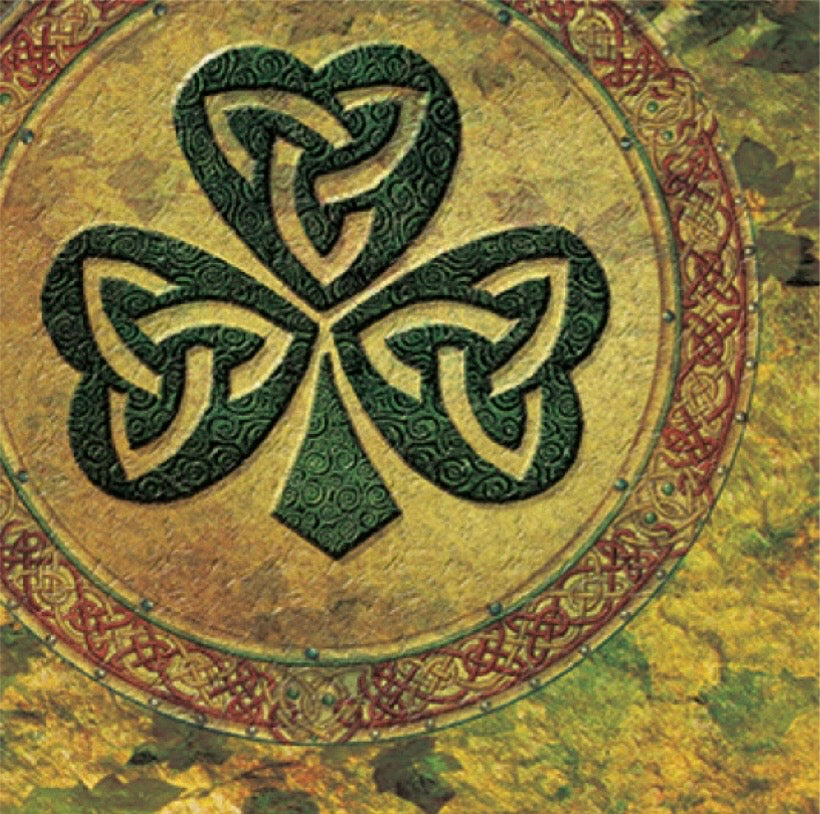 Decorative design of a shamrock with Celtic knotwork on a textured background