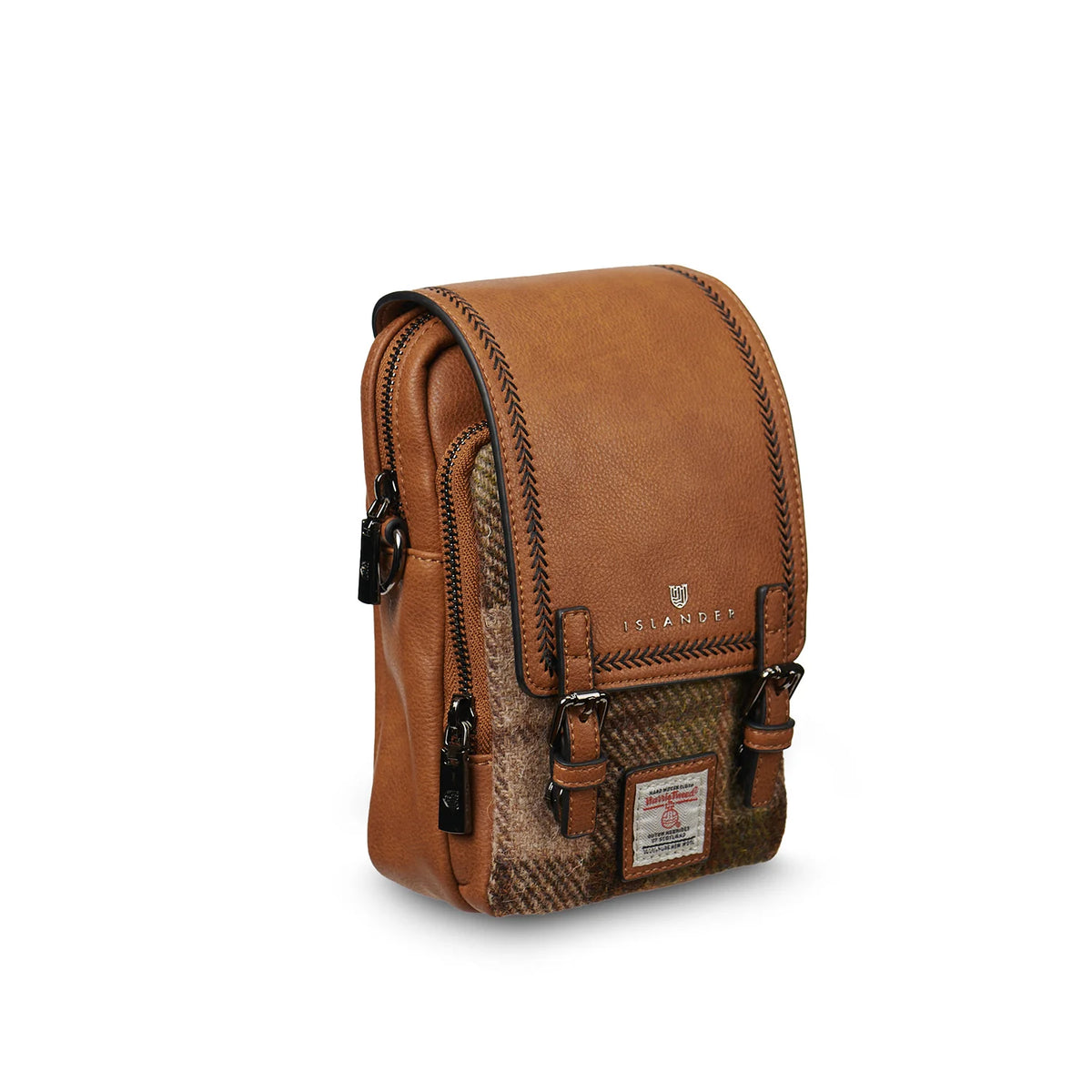 A brown leather crossbody bag with a textured patterned front pocket, featuring brass-tone hardware and a visible 'L'Islandia' brand logo on the front flap.