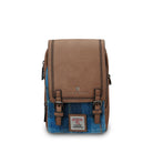 Brown and blue crossbody bag with a visible brand logo on a white background