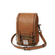 Brown leather and tweed crossbody bag on a white background