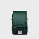 Green leather bag with a visible brand logo on a light gray background