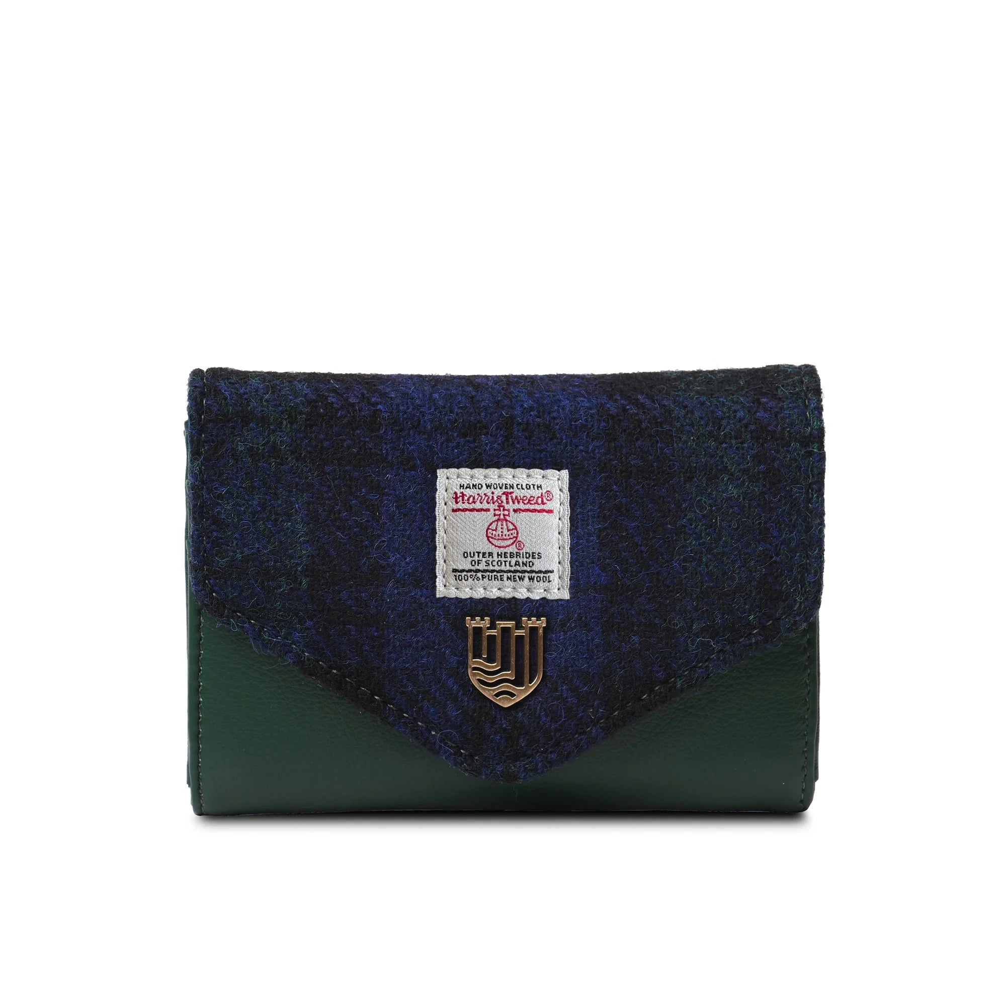 Blue and green fabric wallet with a brand label on a white background