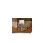 Brown and beige checkered wallet with a brand label on a white background