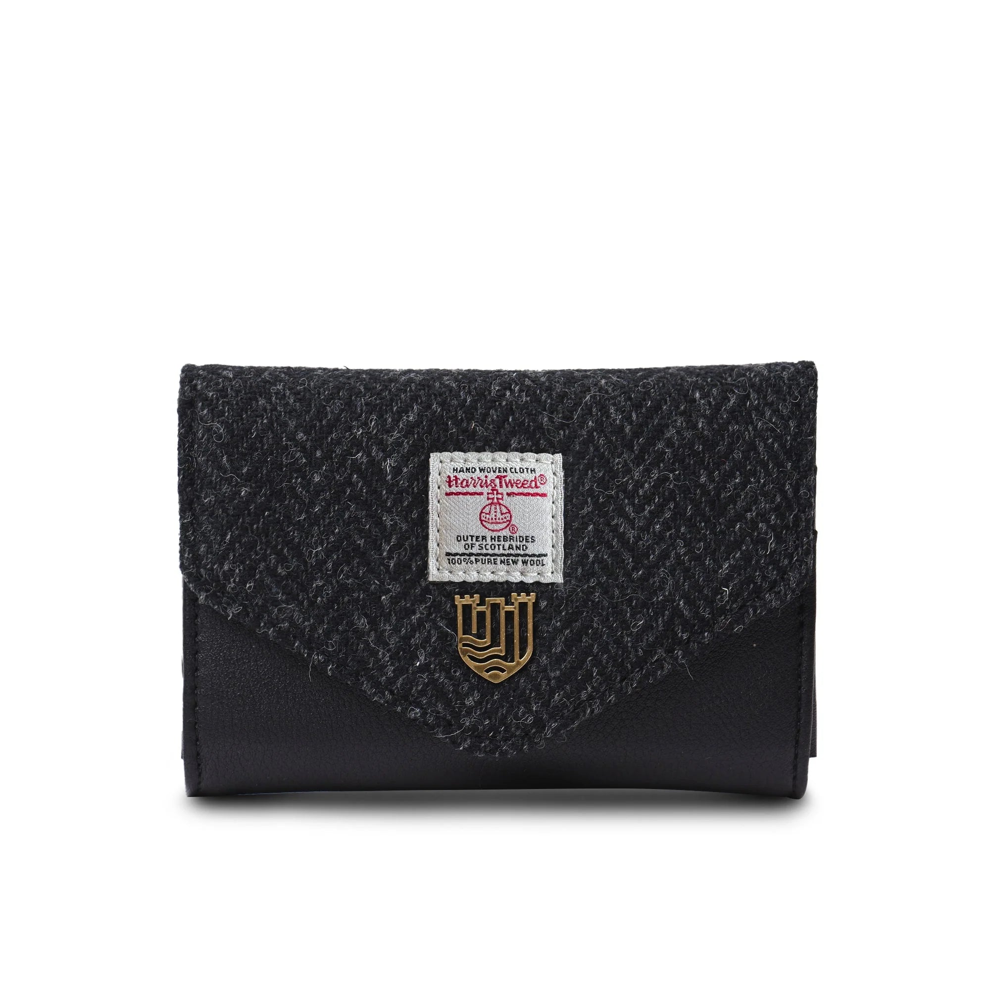 Black textured wallet with a brand label on a white background