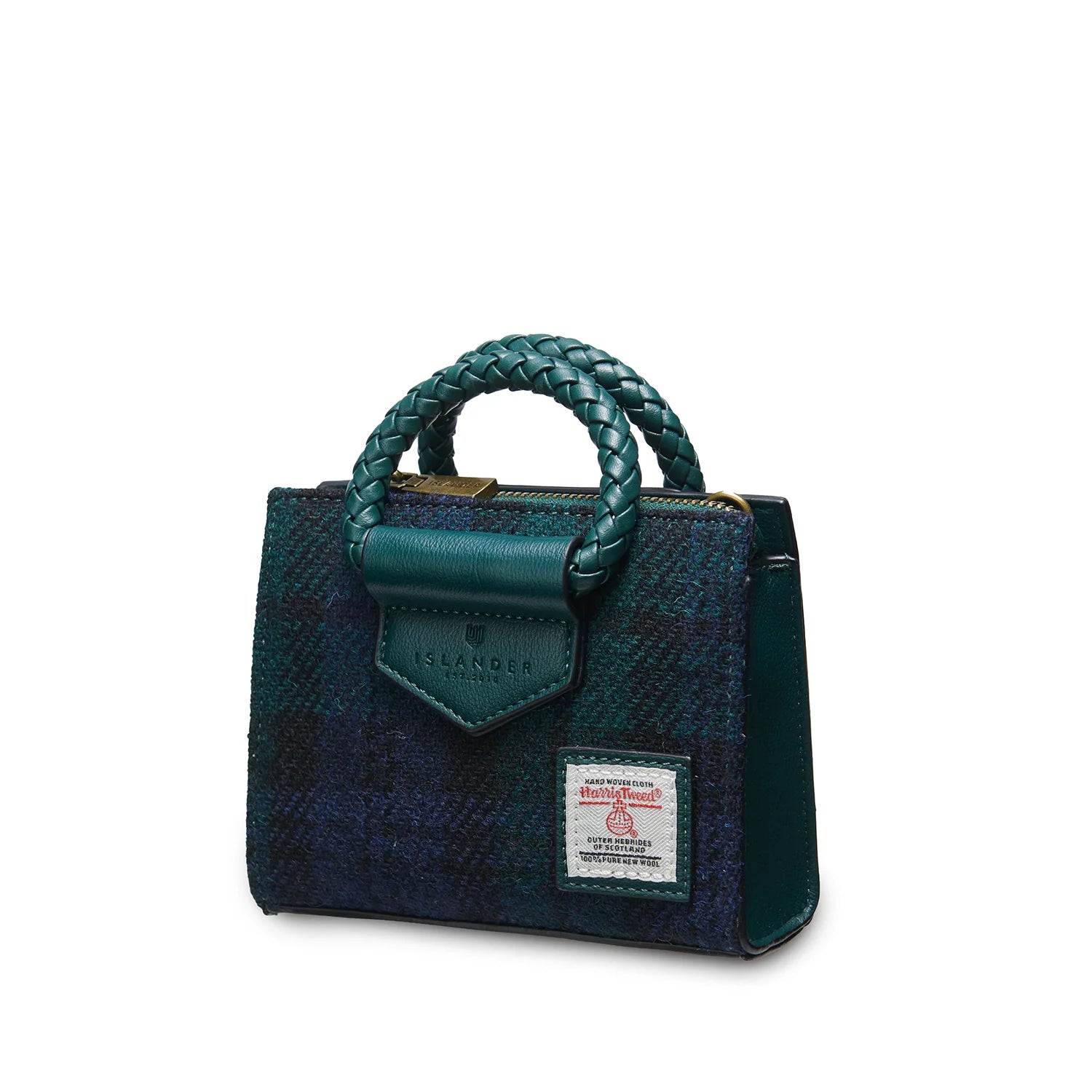 Black Watch Blue handbag with braided handle on a white background