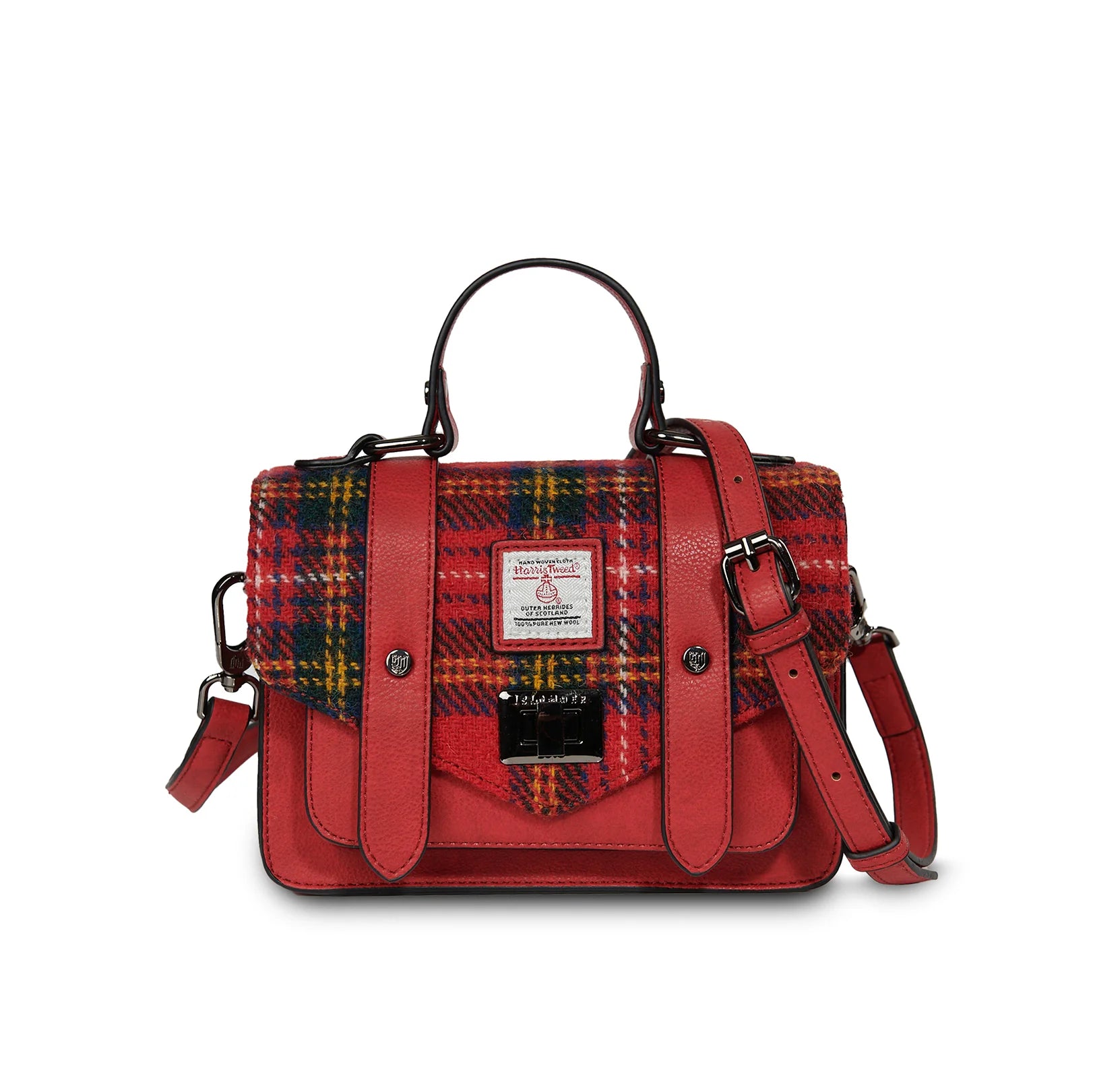 Red plaid handbag with leather accents on a white background