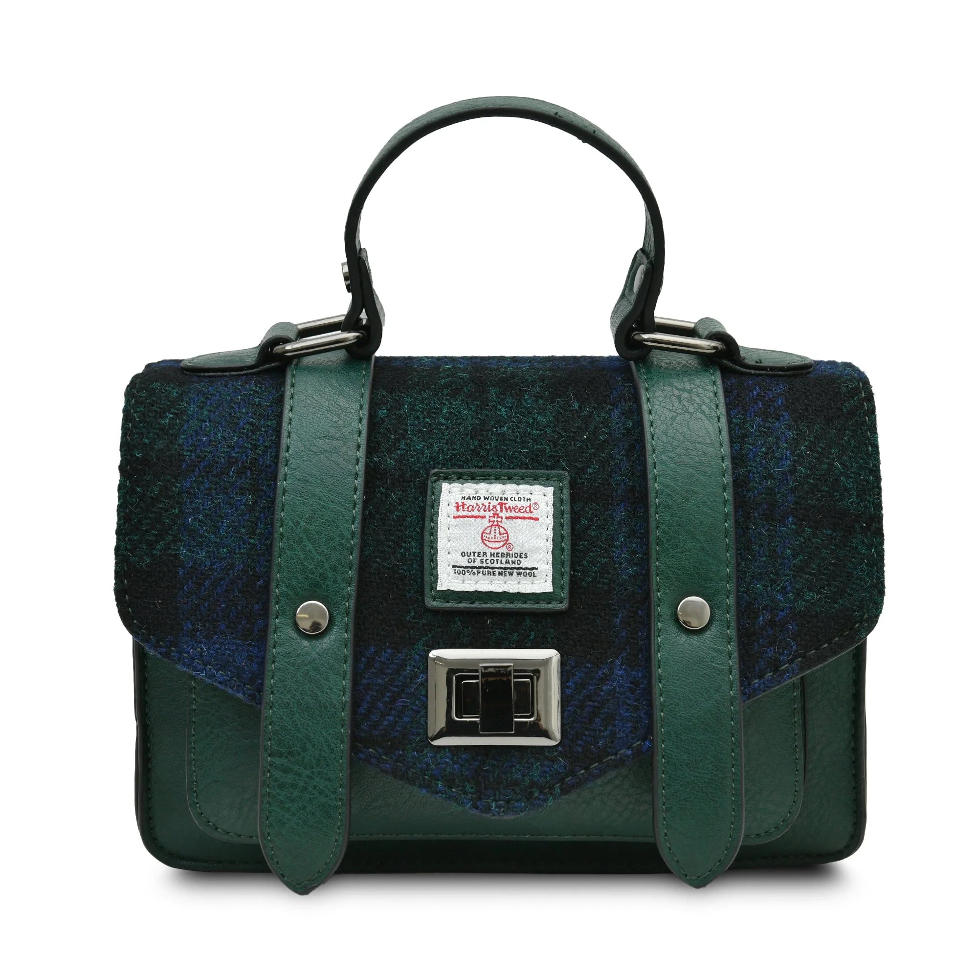 Blackwatch tartan handbag with a visible brand label on a white background