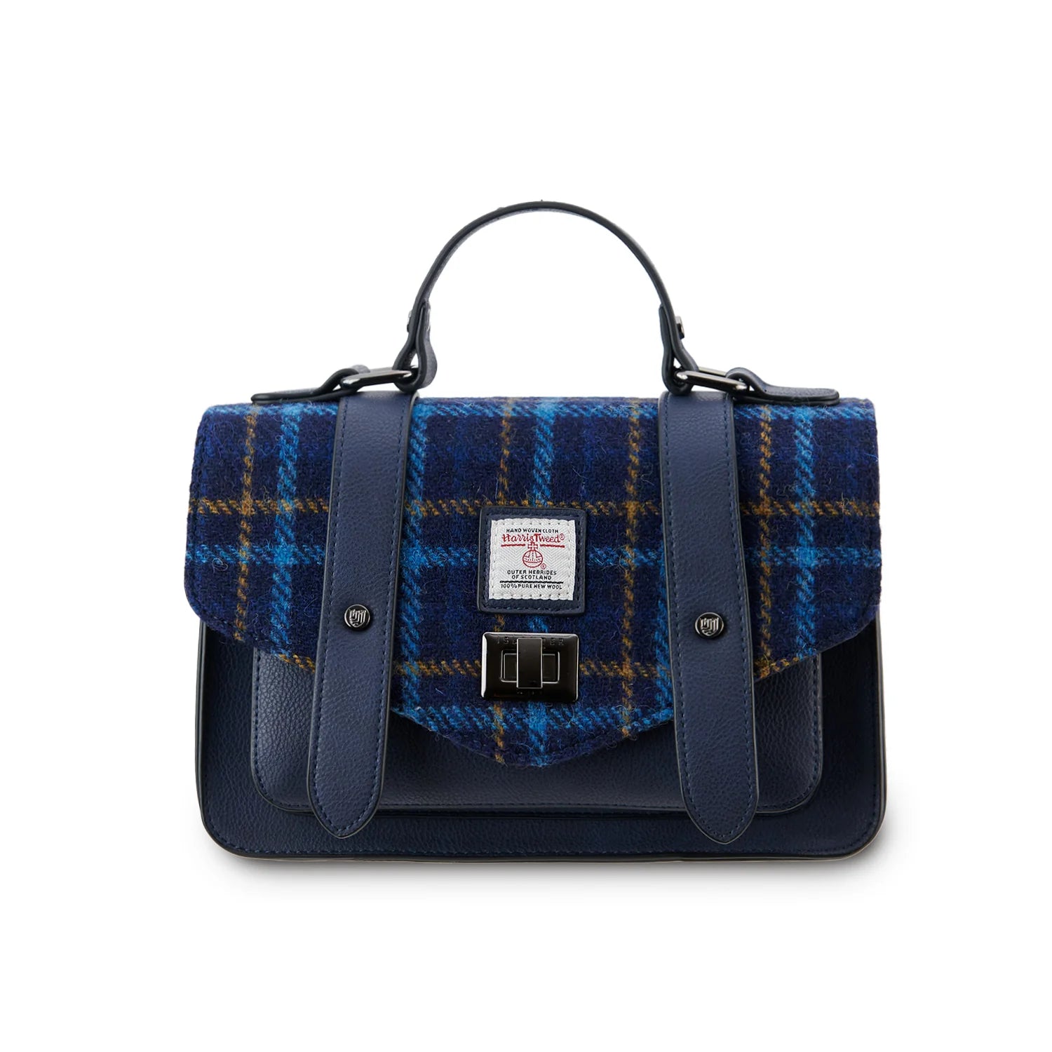 Blue plaid handbag with leather accents on a white background