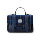Blue plaid handbag with leather accents on a white background